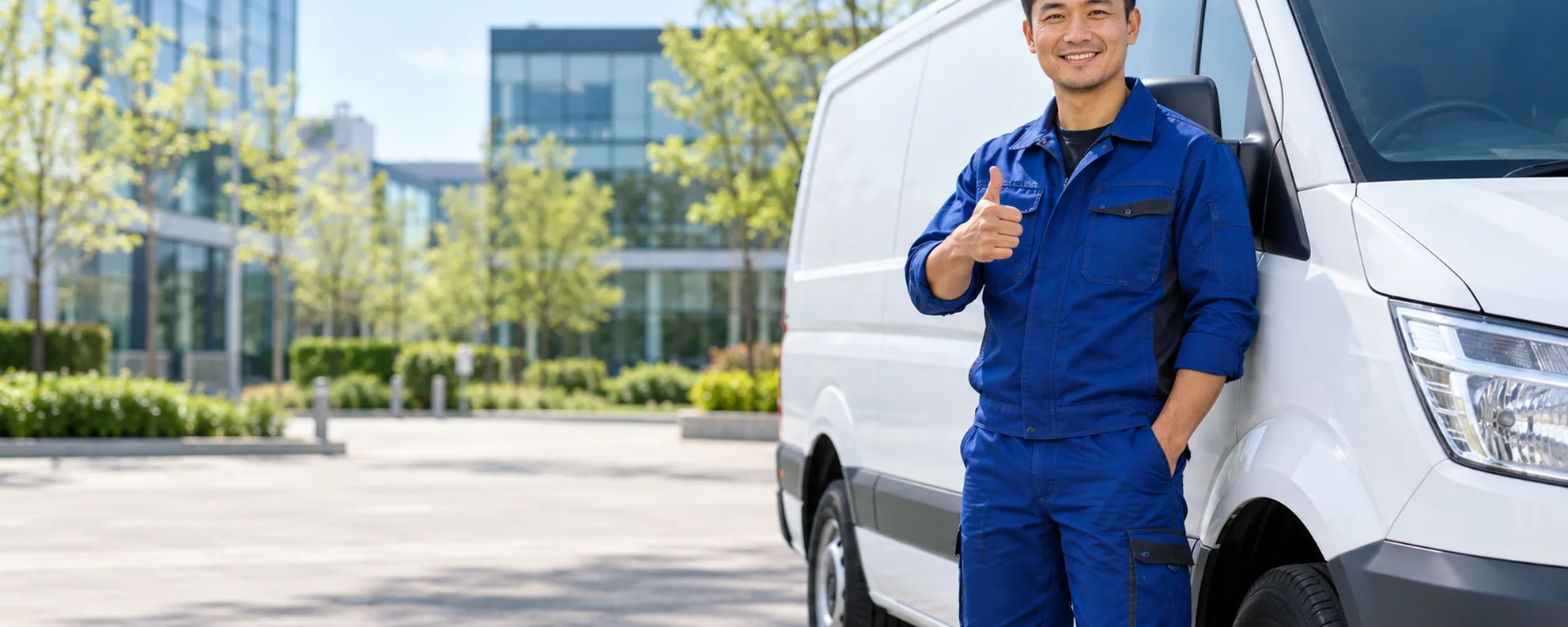 Illustrative AI-generated image of a multi-trade worker beside an unbranded white work van, giving a thumbs-up.