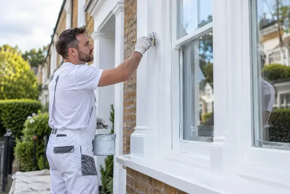 Decorator painting an exterior white window frame