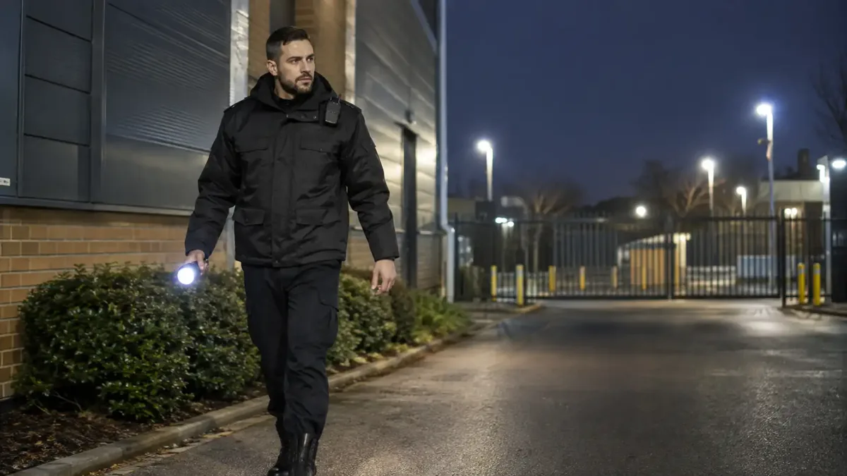 Uniformed security officer carrying out an outdoor patrol.