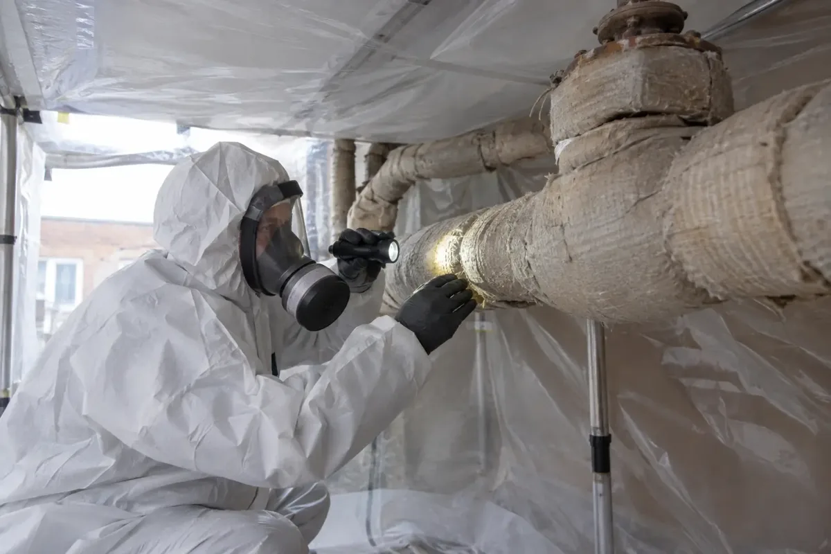 Asbestos specialist in hooded white protective coveralls, full-face respirator and gloves assessing intact old insulation lagging wrapped around horizontal pipework within sealed polythene containment. Clearly show thick pipe lagging and fittings, inspector uses torch without disturbing fibres, no dust.