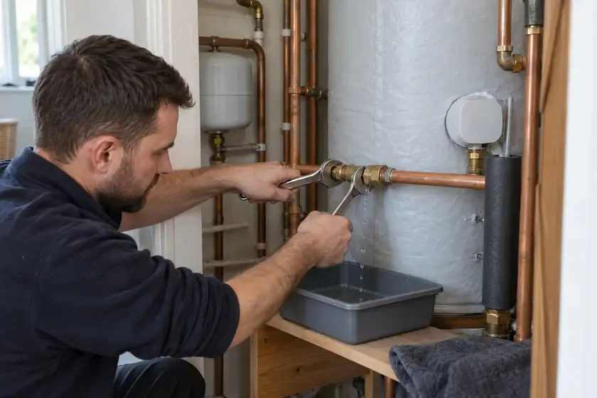 Plumber repairing leaking pipework beside a hot water cylinder.