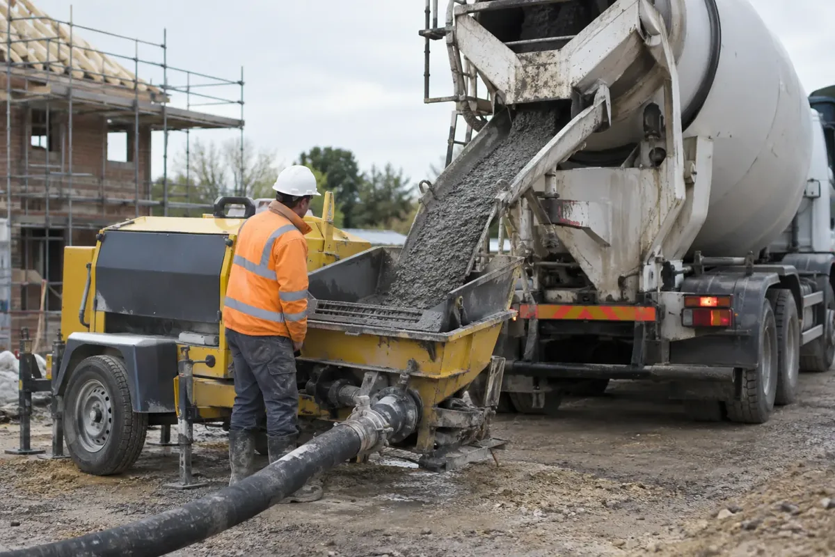 Mixer truck discharging ready-mix concrete into a pump hopper