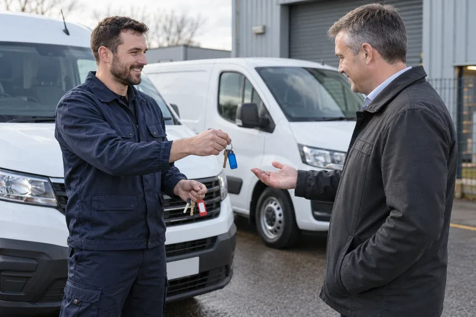 Locksmith handing vehicle key sets to a fleet manager beside two vans