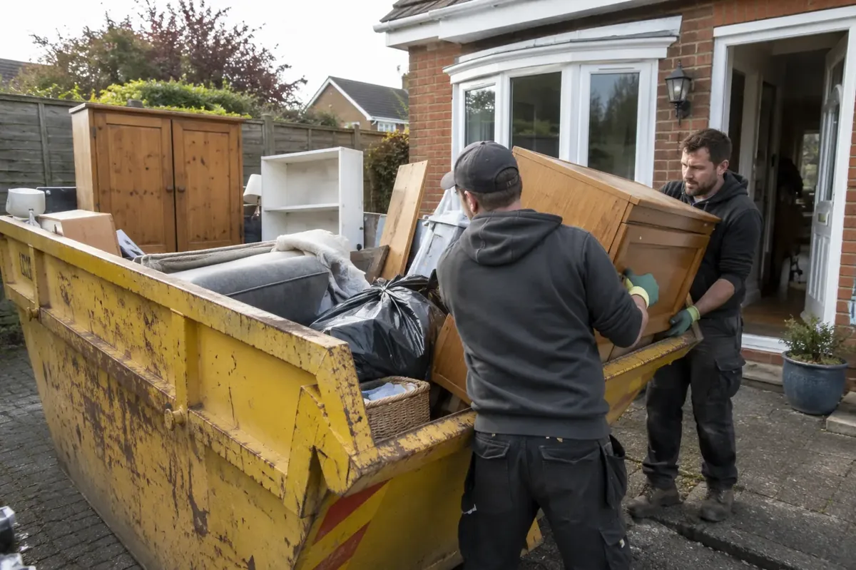 Two workers loading domestic wooden furniture into a house-clearance skip.