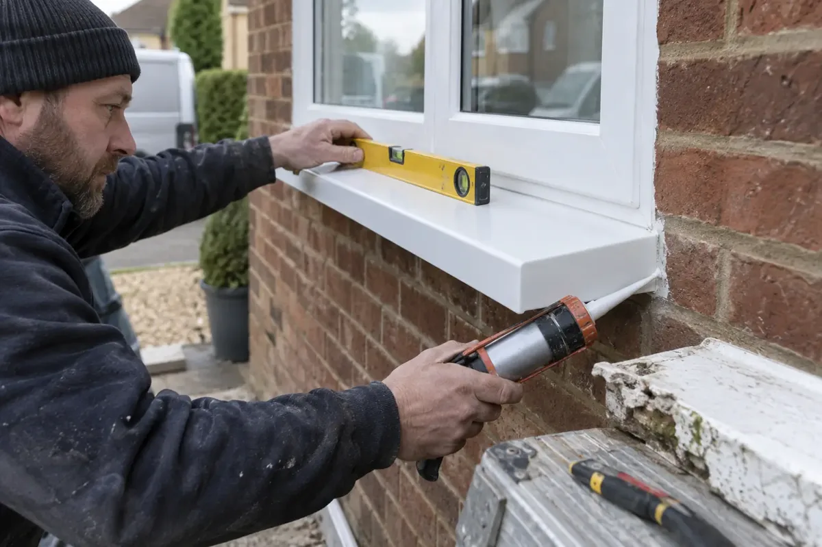 Window fitter levelling a new projecting white exterior sill and sealing the brick junction, with a removed damaged sill section nearby.