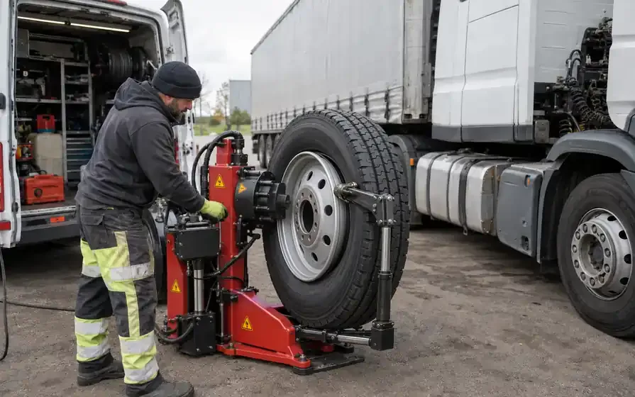 Technician using a mobile tyre changer with its mounting tool at the rim edge of an upright HGV wheel, beside an articulated lorry.