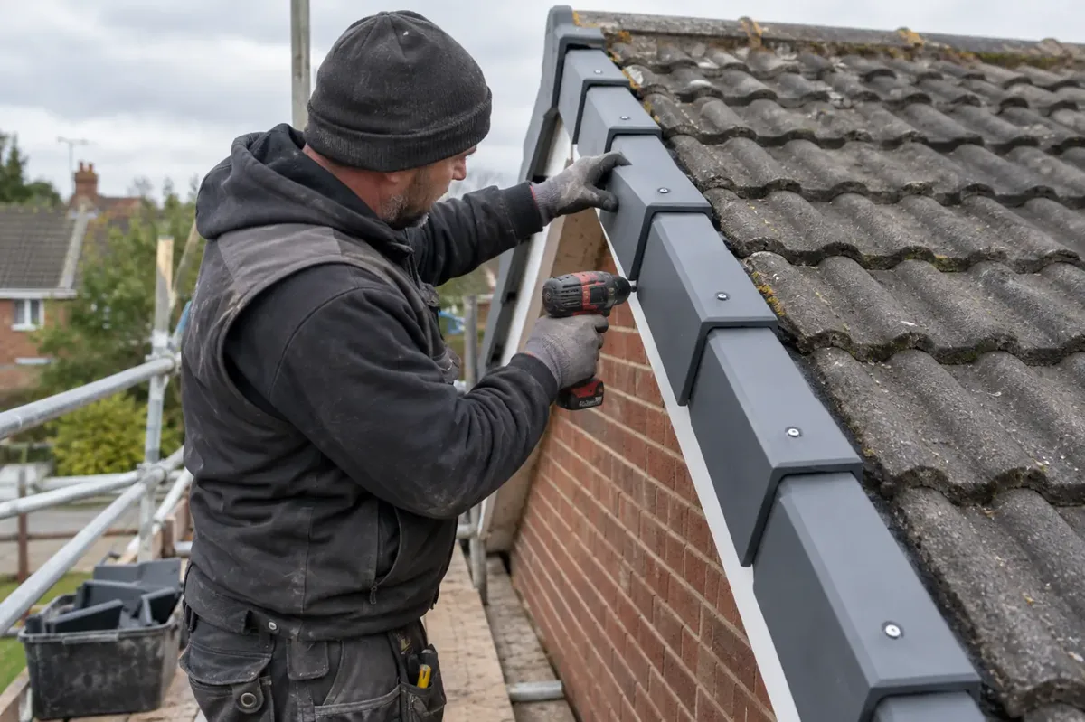 Roofer fastening individual grey dry-verge caps along a tiled gable roof edge.